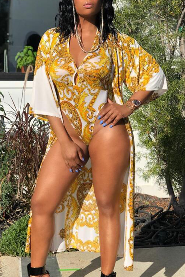 

Lovely Print Yellow One-piece Swimsuit(With Cover-Up