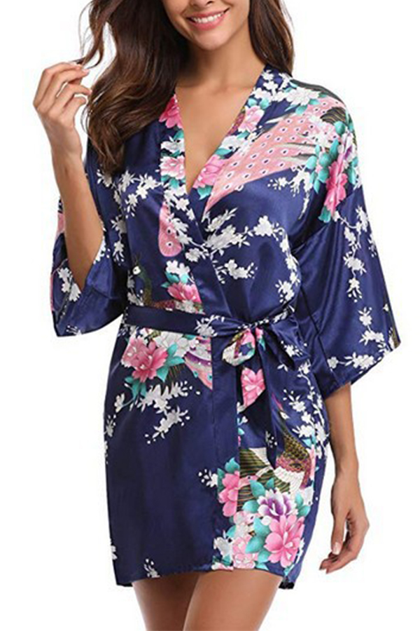 

Lovely Leisure V Neck Print Blue Sleepwear