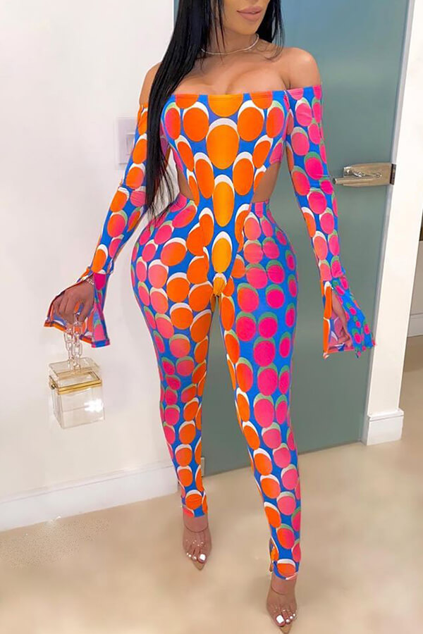 

LW Casual Dew Shoulder Print Orange Two-piece Pants Set