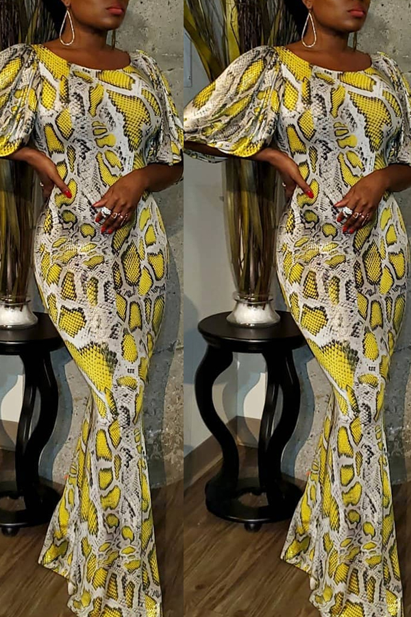 

Lovely Trendy Print Yellow Ankle Length Dress