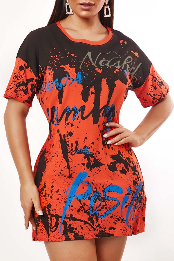 

Lovely Casual O Neck Print Orange Mini Dress
