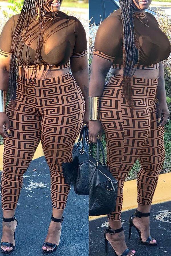 

Lovely Sexy See-through Brown Two-piece Pants Set