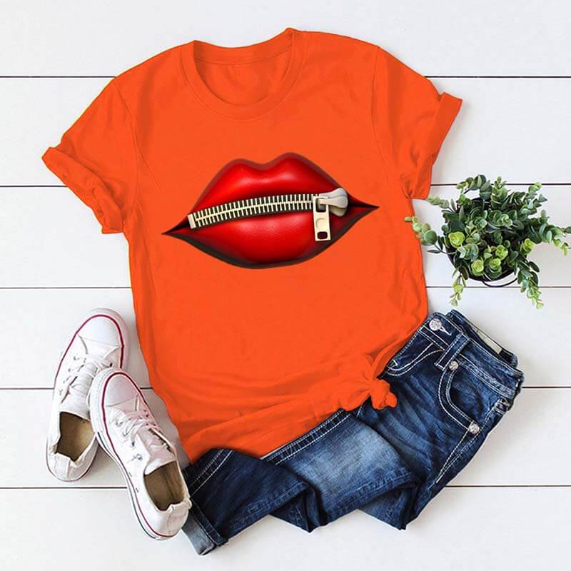 

Lovely Plus Size Casual Lip Print Orange T-shirt