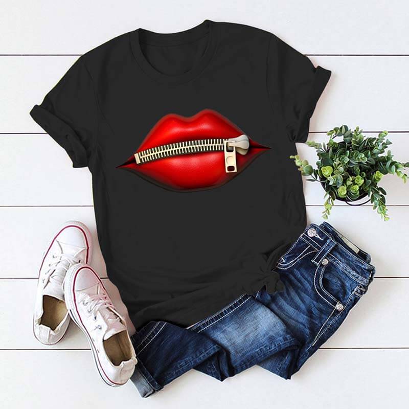 

Lovely Casual Lip Print Black Plus Size T-shirt