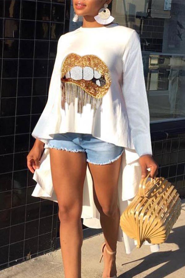 

Lovely Casual Lip Print White Blouse