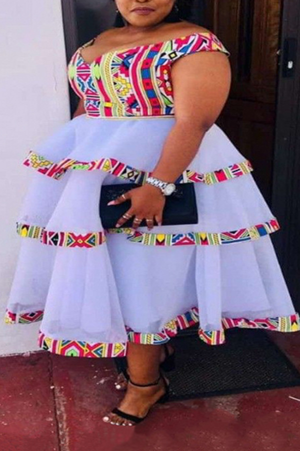 

Lovely Stylish Patchwork Multicolor Mid Calf Plus Size Dress, Multi