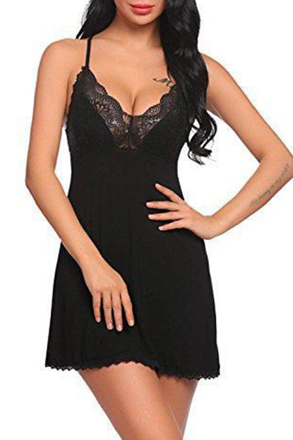 

Lovely Sexy Lace Patchwork Black Sleepwear