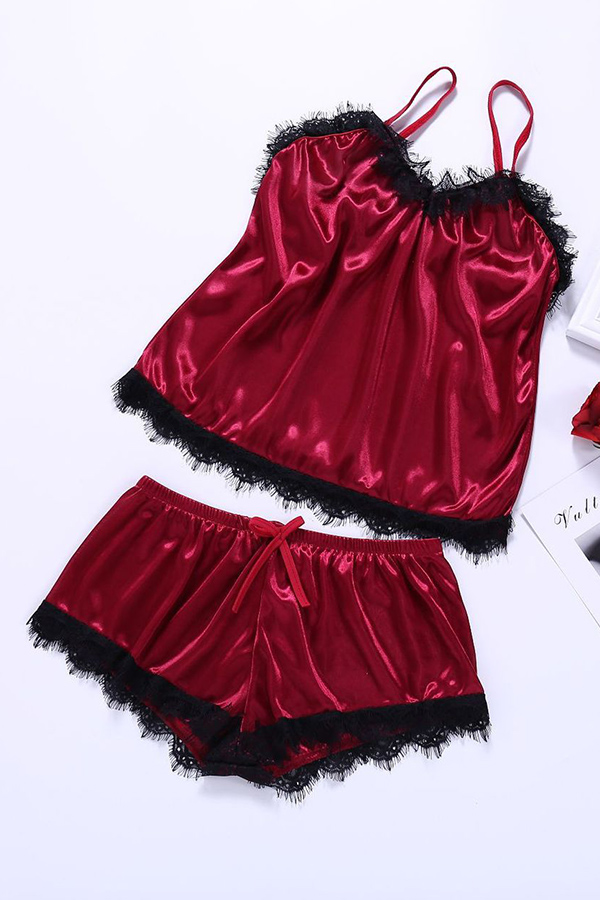 

Lovely Stylish Lace Hem Wine Red Sleepwear