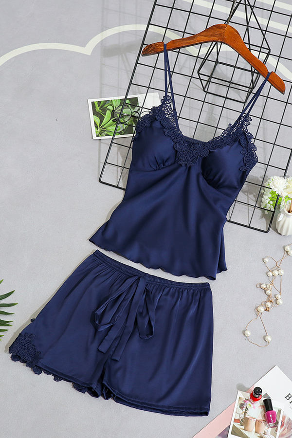 

Lovely Sexy Lace-up Navy Blue Sleepwear