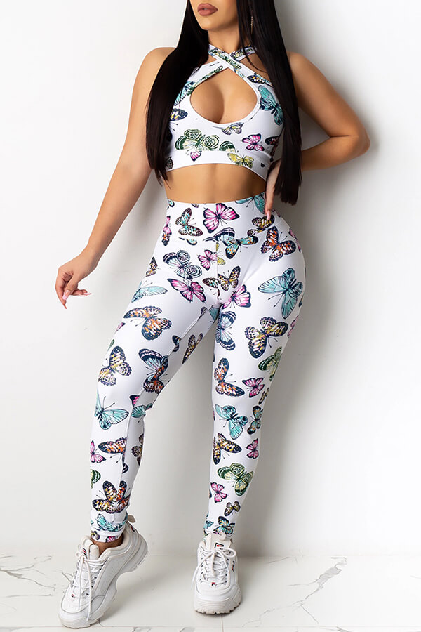 

Lovely Casual Butterfly Print White Two-piece Pants Set