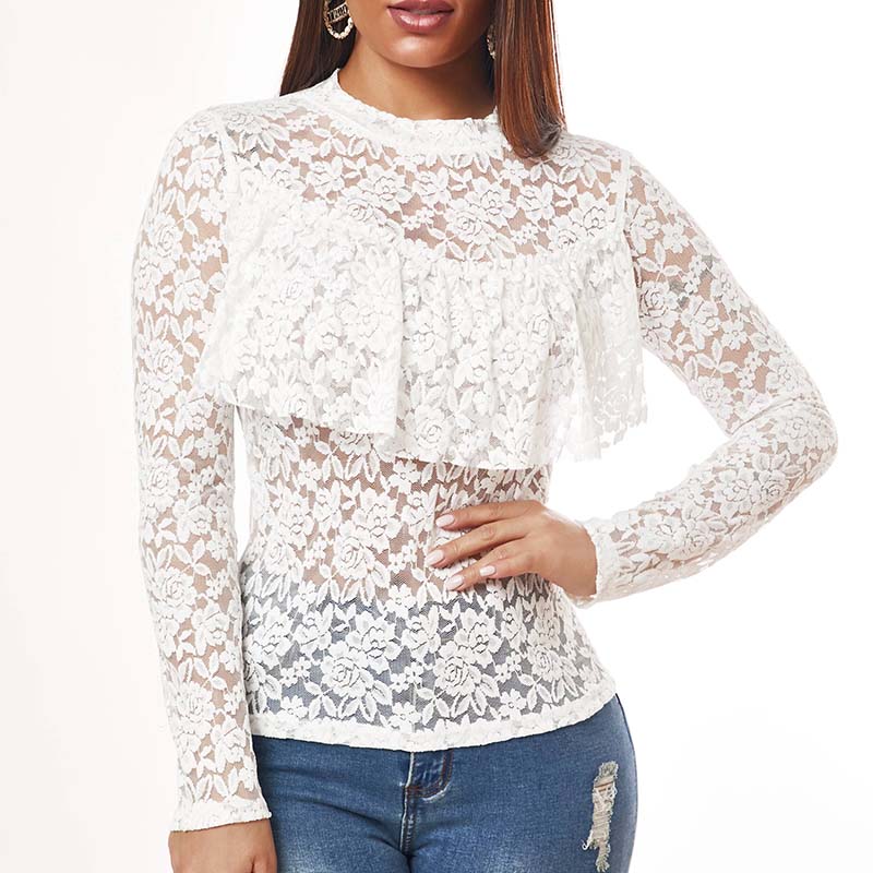 

Lovely Sexy Lace See-through White Blouse