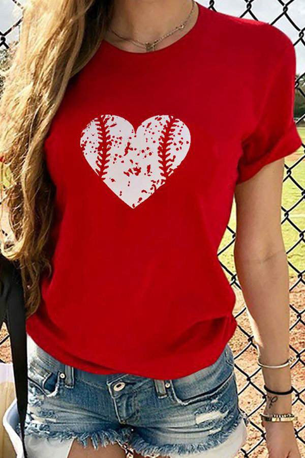 

Lovely Casual Heart Print Red T-shirt