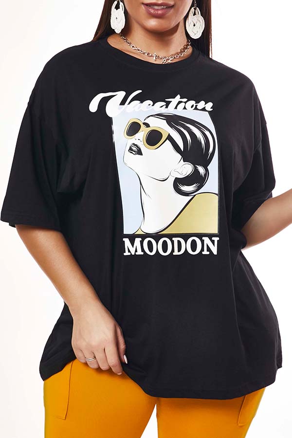 

Lovely Casual O Neck Cartoon Print Black T-shirt