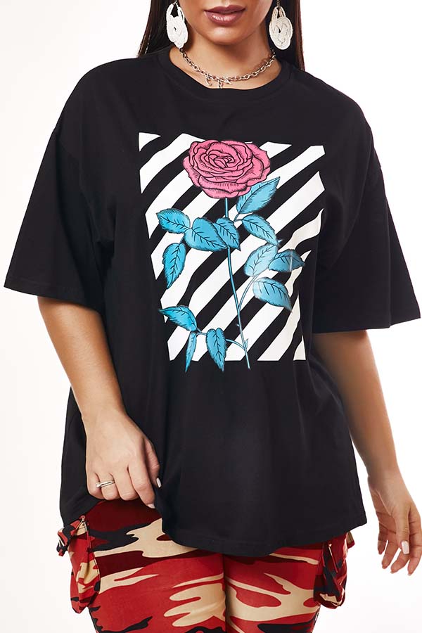 

Lovely Leisure O Neck Print Black T-shirt