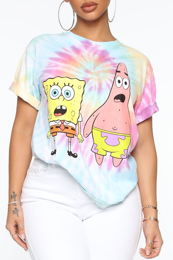 

Lovely Casual O Neck Cartoon Print Multicolor T-shirt, Multi