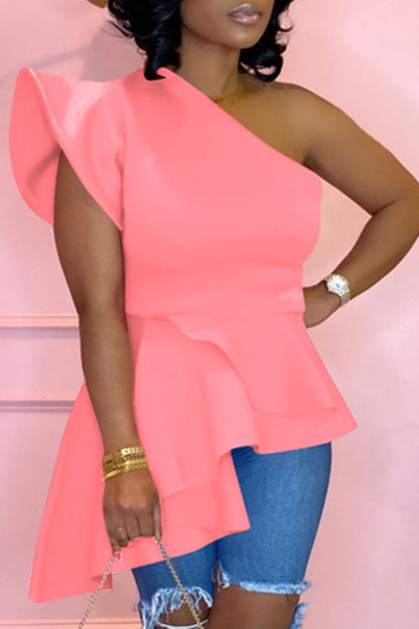 

Lovely Trendy One Shoulder Flounce Design Pink Blouse