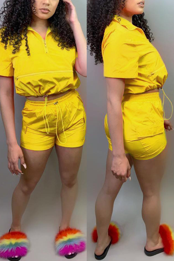 

Lovely Leisure Lace-up Yellow Two-piece Shorts Set