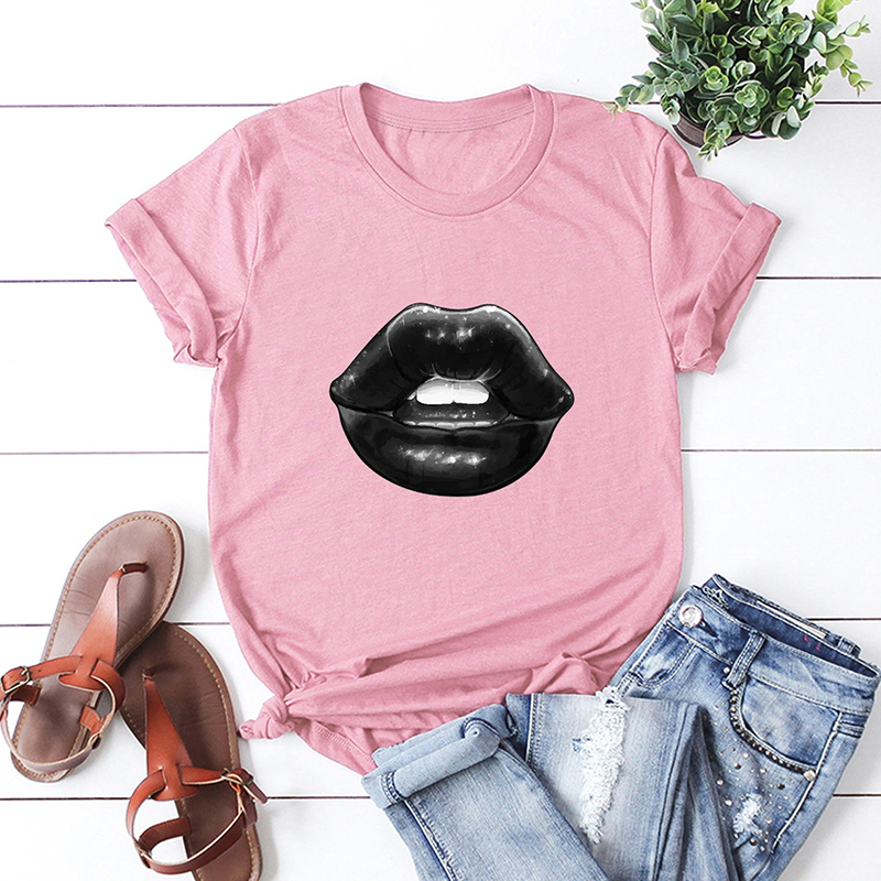 

Lovely Casual O Neck Lip Print Dusty Pink Plus Size T-shirt