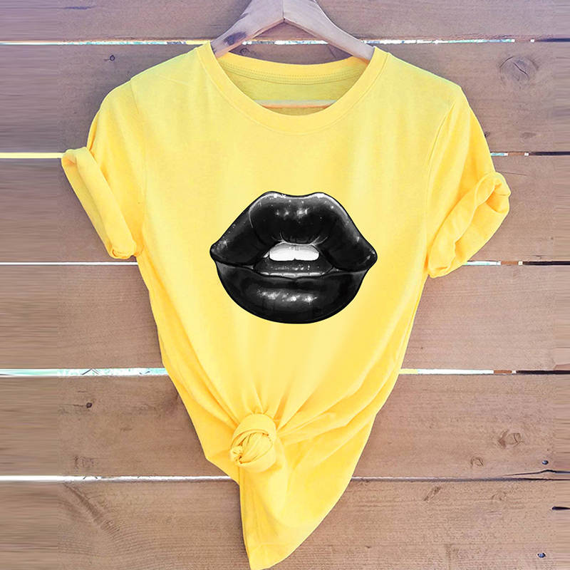 

Lovely Casual O Neck Lip Print Yellow Plus Size T-shirt