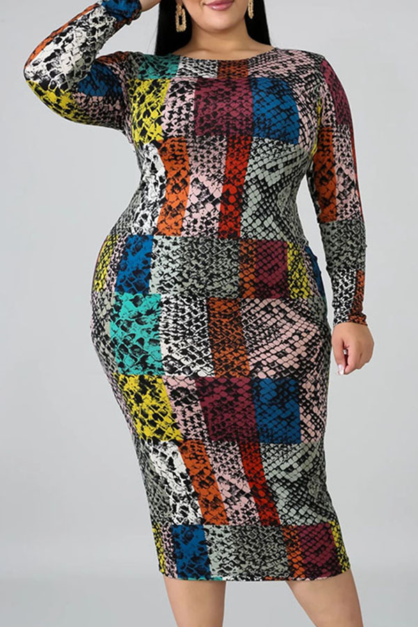 

Lovely Trendy Print Multicolor Mid Calf Plus Size Dress, Multi