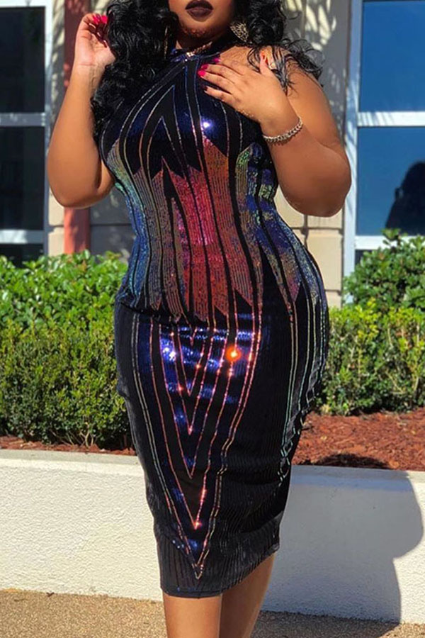 

Lovely Trendy Sequined Purple Mid Calf Plus Size Dress