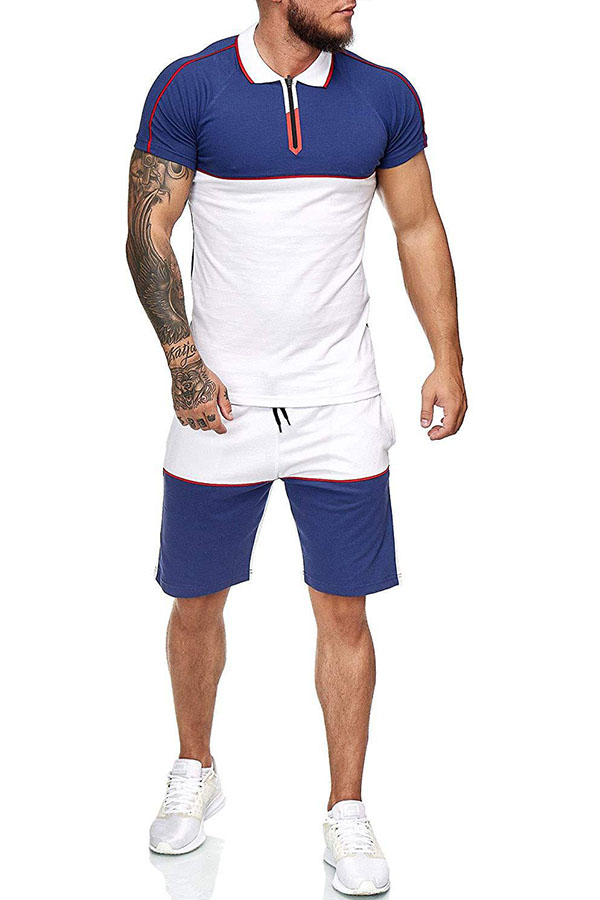 

Lovely Casual Patchwork Deep Blue Two-piece Shorts Set