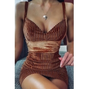 Lovely Casual V Neck Brown Mini  Dress