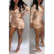 LW SXY V Neck Gold Two-piece Shorts Set