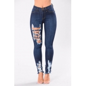 Lovely Trendy Hollow-out Blue Jeans