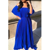 Lovely Bohemian Fold Design Blue Maxi Dress