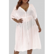 Lovely Casual  V Neck White Plus Size Cover-up
