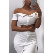 Lovely Casual Button White Two-piece Skirt Set