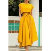Lovely Casual Lace-up Yellow Two-piece Skirt Set