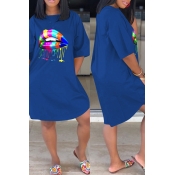 Lovely Casual Lip Print Blue Knee Length Dress