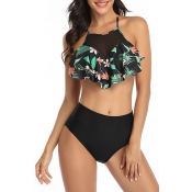 Lovely Floral Print Green Bathing Suit Two-piece S