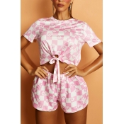 Lovely Chic Print Pink Two-piece Shorts Set
