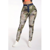 Lovely Casual Broken Hole Camo Printed Jeans