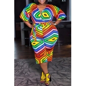 Lovely Plus Size Trendy Rainbow Print Multicolor O