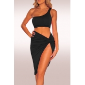 Lovely Sexy One Shoulder Black Two-piece Skirt Set