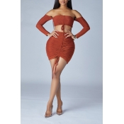 Lovely Trendy Lace-up Brown Two-piece Skirt Set