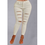 Lovely Casual Broken Hole White Jeans