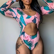 Lovely Print Hollow-out Pink One-piece Swimsuit