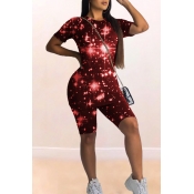 Lovely Casual Starry Sky Print Red Two-piece Short