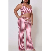 Lovely Trendy Striped Red Plus Size One-piece Jump