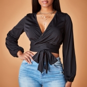 Lovely Casual  V Neck  Knot Design Black Blouse
