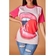 Lovely Casual Lip Print Rose Red T-shirt