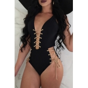 Lovely Chic Lace-up Black One-piece Swimwear