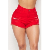 Lovely Casual Broken Hole Red Shorts
