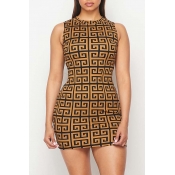 Lovely Chic Print Coffee  Mini Dress