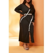 Lovely Trendy Front Slit Black Mid Calf Plus Size 